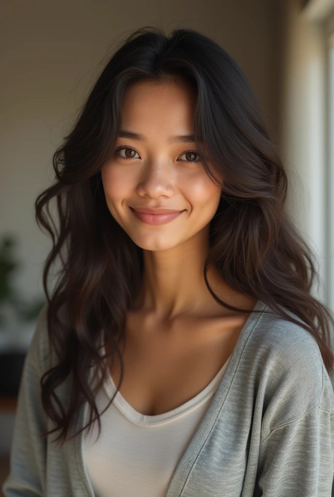 A highly realistic image of an adult person in their early 30s, with light brown skin, dark brown hair, and brown eyes. The person has a gentle smile, wearing casual modern clothing. The background is a neutral indoor setting with soft lighting.
