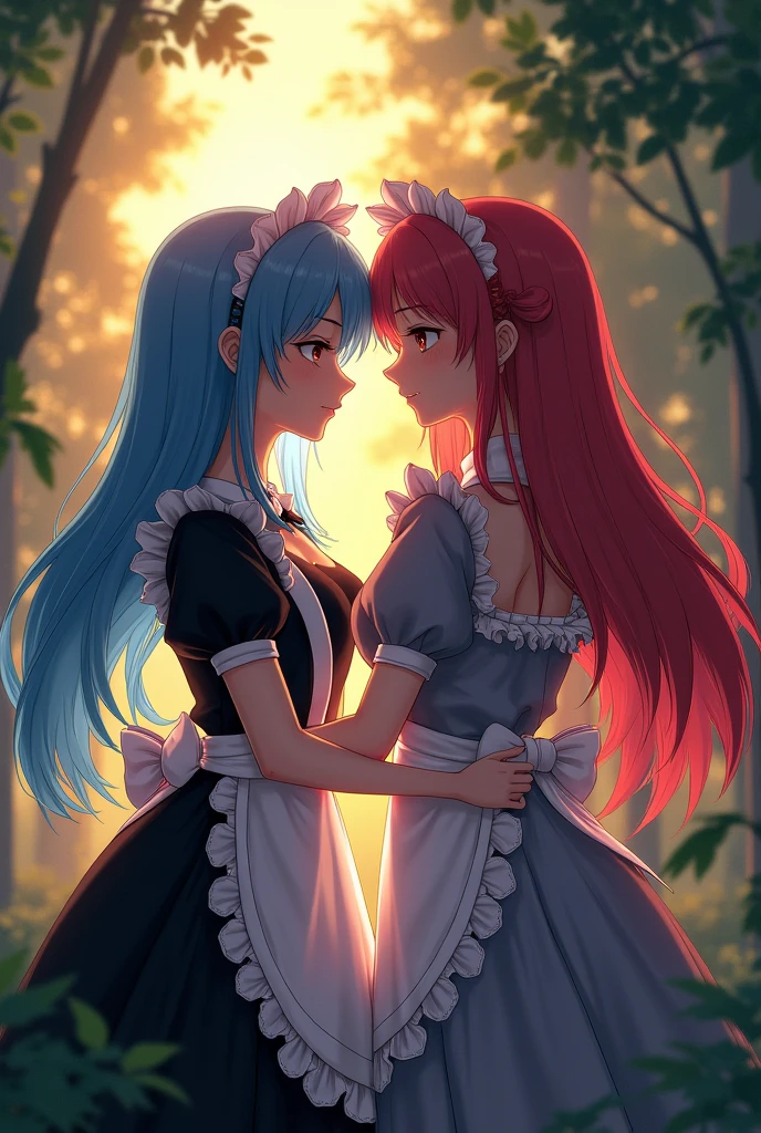 Ram and Rem anime, sexy, , the forest, twilight, girl on the right red hair, girl on the left blue hair, , long hair, hair pins, maid headdress, effects, stockings, big breasts, House in the background, torn clothes, clothes in mud