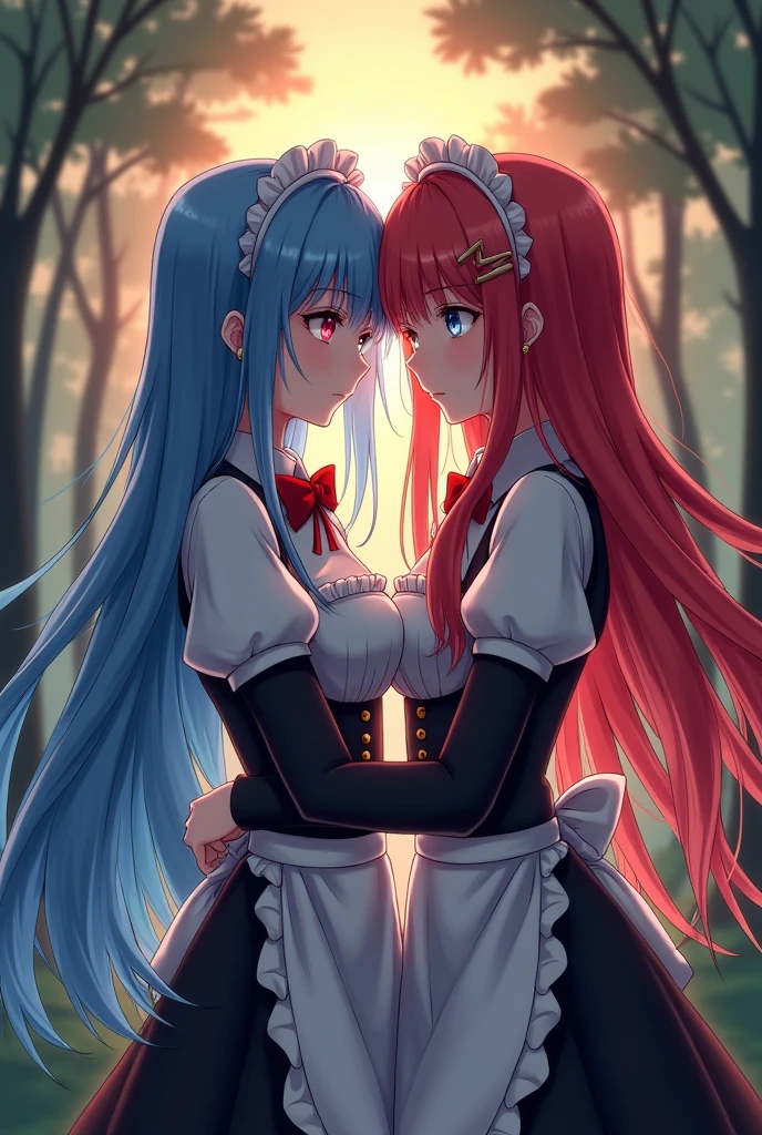 Ram and Rem anime, y, , the forest, twilight, gire right red hair, girl on thblue hair, , long hair, hair pins, maid headdress