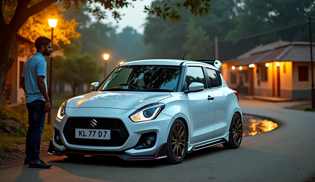 a maruthi suzuki swift white colour modified alloy lower body. the car number plate is KL 77 D 7and a man smoking in road side in village road a warm street light and a mudd road evening and sunrise a pond in road side a small village tea shop