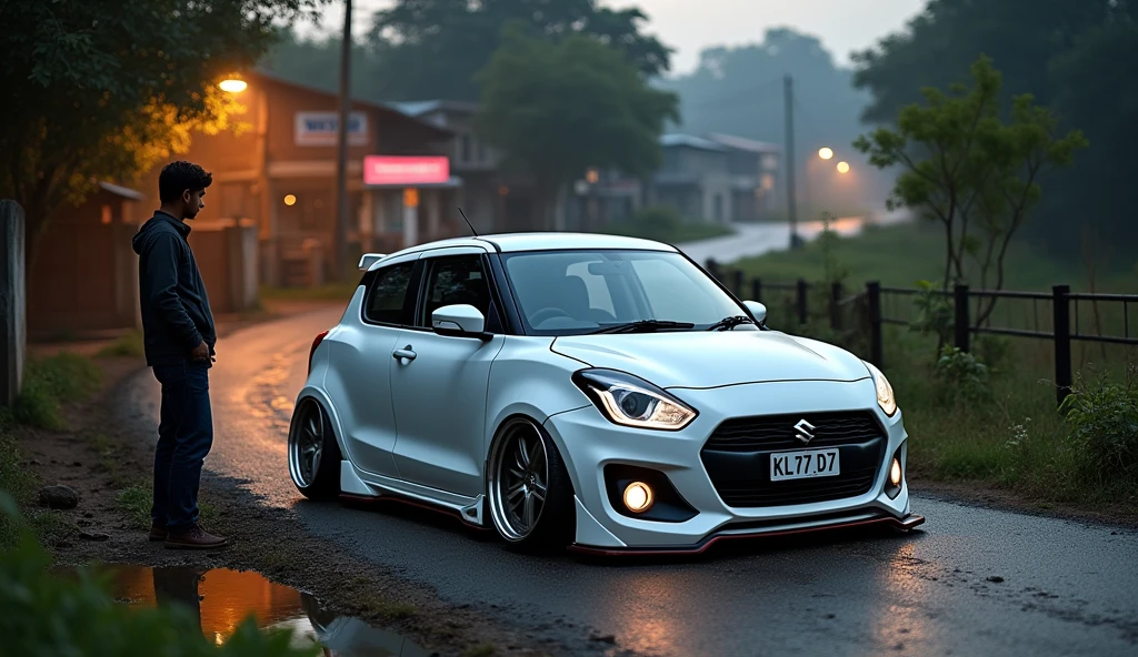 a maruthi suzuki swift white colour modified alloy lower body. the car number plate is KL 77 D 7and a man smoking in road side in village road a warm street light and a mudd road  evening and sunrise a pond in road side a small village tea shop 