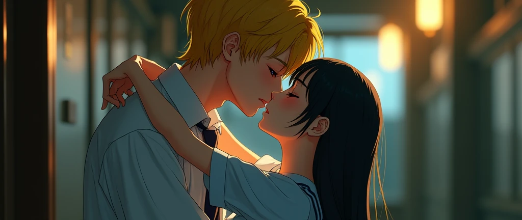 (32K:1.9, Realistic:1.9, Highest quality, masterpiece, Ultra-high resolution), Perfect dynamic composition:1.3, Highly detailed skin and facial textures:1.3, Cute sexy slim Japanese schoolgirl, (Slimman, Height about 180cm), (They both close their eyes, A man carries a woman in his arms and kisses her:1.3), Fair skin, ((Clarity:1.1)), (The guy has a great uniform:1.3, Bright yellow hair, beautiful目:1.3), (The woman is wearing a uniform with a light blue tie..:1.3, Straight black hair.:1.3, smile:0.9, A man completely charms a woman:0.9, beautiful Blue Eyes, beautiful, Clear Eyes:0.8), Sexy Face:0.4, blush:1.1, (beautifulエロティシズムを醸し出す雰囲気:0.8), Professional random camera work, Cinematic Lighting Effects, (Full Body Shot), (Too erotic), romantic, mysterious, Object of admiration, original, dramatic, artistic, Innovative, charm, Heartful, Fancy, Tilt, sense of loss, special, exciting, Extreme, sense of openness, joy, joyの表現, ((若さのcharm, 女性的なcharm))