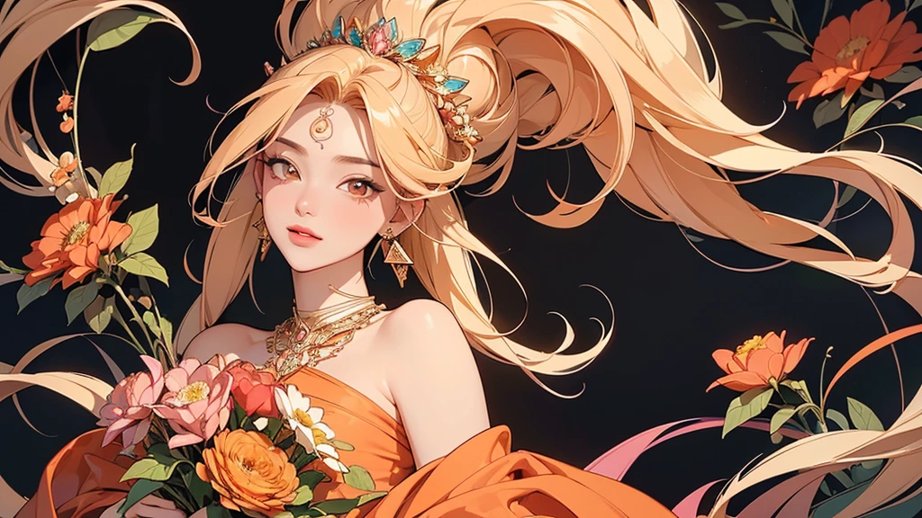 32K, 最高quality, 最高masterpiece, (ultra-Detailed Background, Detailed Background), High resolution, Super detailed, Very detailedな, 1 personの, (bouquet:1.3), (Tangled:1.2), (Geometric:1.2),(colorful),(masterpiece, quality, best quality, Official Art, Beautiful and beautiful:1.2), (1 person:1.3), Very detailed,(colorful:1.1)(Flowers:1.3),Most detailed,(Tangled:1.2), whole body, (Abstract background:1.3), (Skin glows), (Many colors:1.4), ,(Earrings Jewelry:1.5), Pale Orange Background, Gradation, It's imaginative., Flaxen Hair,