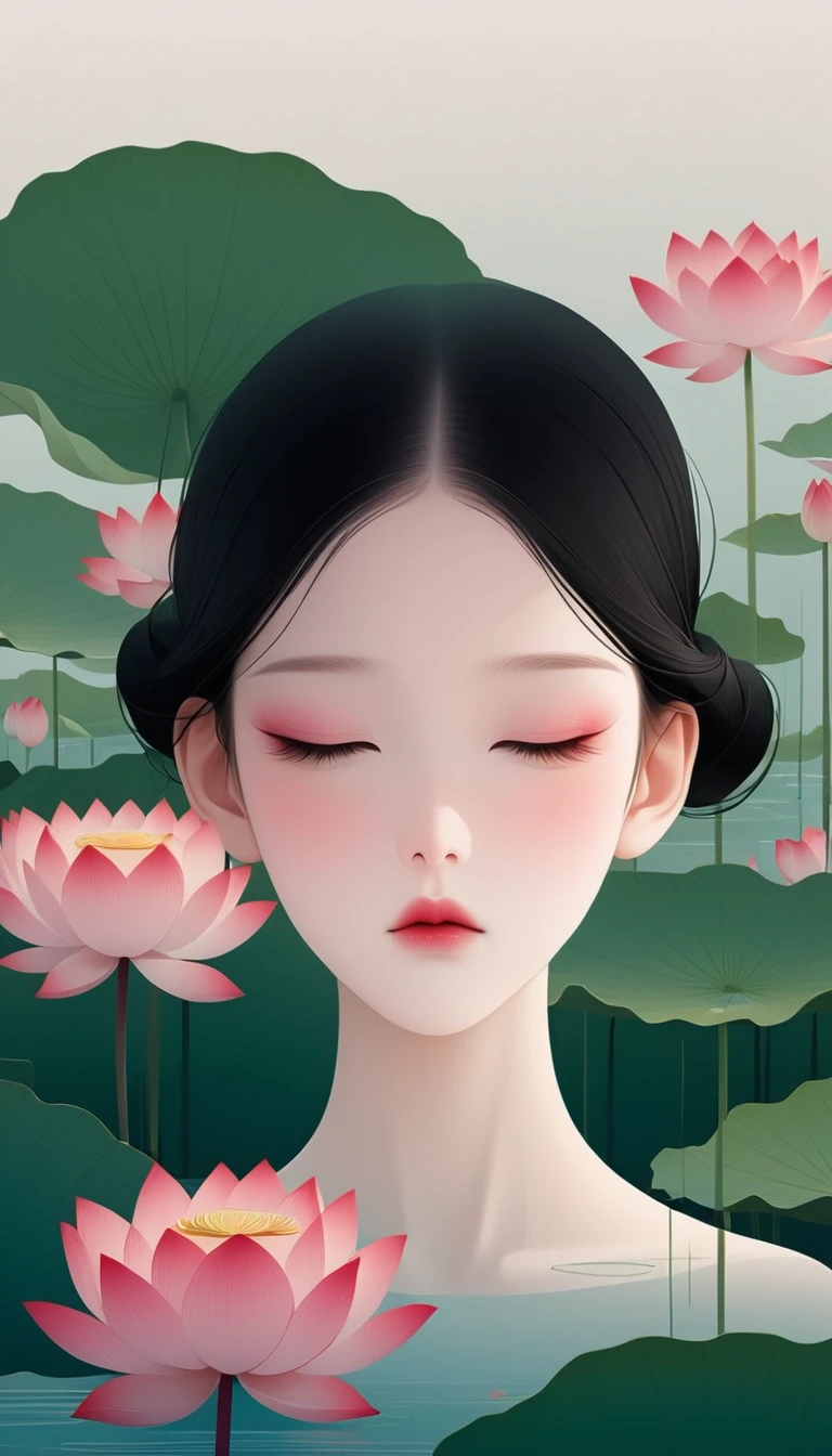 vector,Flat form,illustration,The Minimalists,数字艺术illustration,Pink,Abstract,artistic conception,A girl,Pretty Face,Black Hair,Lotus Pond,The feeling of diving,Blank space above。