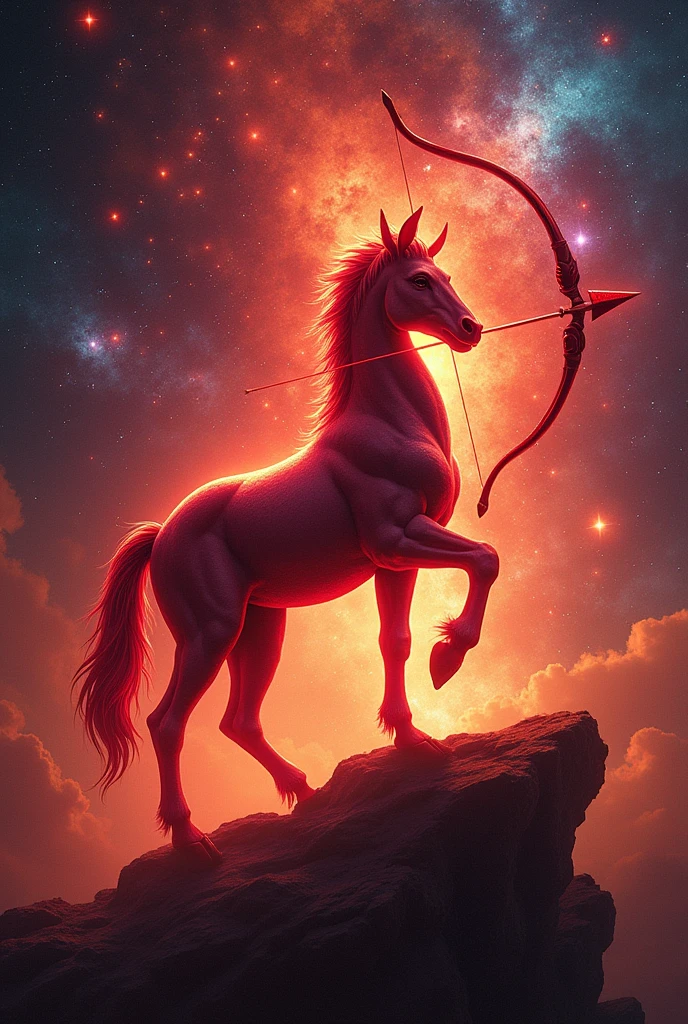 Create an epic image of Sagittarius zodiac sign symbol with red glowing effects, and set against a cosmic backgrund filled with stars, nebulae, and swirling galaxies.