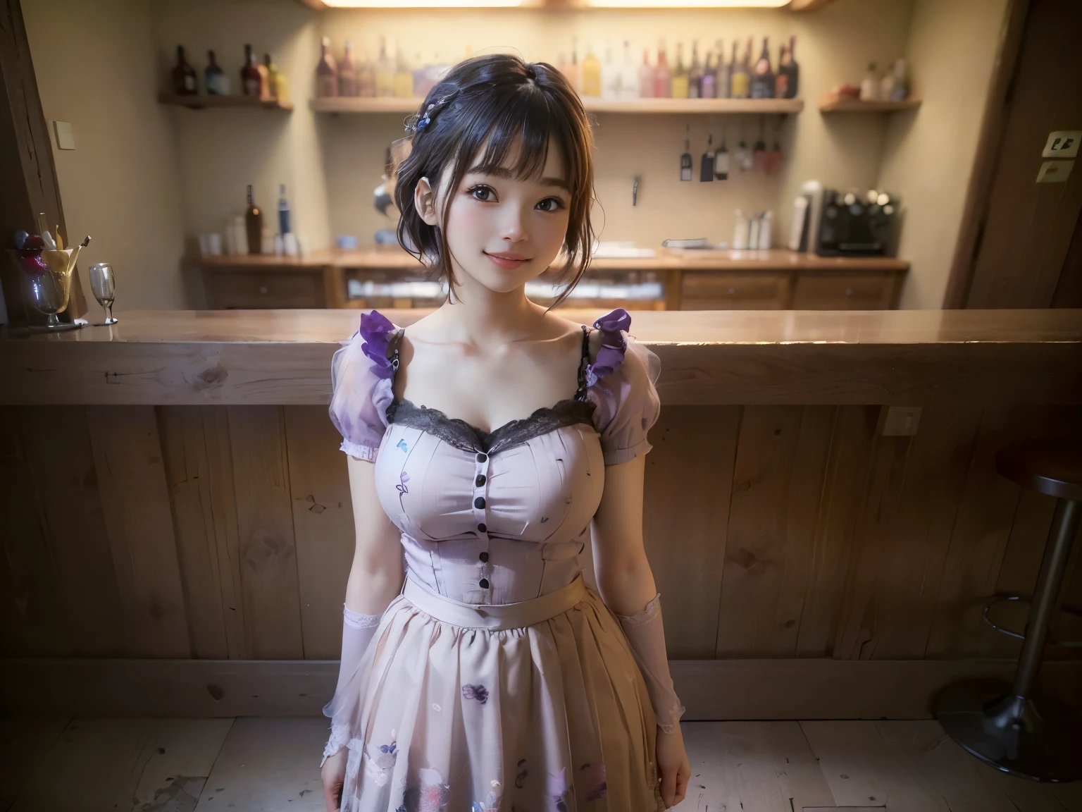 (Highest quality, masterpiece, Ultra-high resolution, 8k, RAW Photos, Realistic, Anatomically correct:1.5), 20-year-old girl:1.2, Embarrassing, avert your eyes, blush:1.0, View Viewer, ((bar)) 、Large windows、Night view、 Light:1.2, Bokeh, Cinema Lighting:1.0, Depth of written boundary, sharp、 Cute Face、Idol、(Black short sleeve lace top)、(Black tulle skirt)、(Purple clothes)、(Floral clothes)、”dwarf”、(Full Body Shot)、(Side angle)、Cowboy Shot、( smile)、((Ultra short hair、Berry Short))、(Straight bangs)、((See-through))、(( One woman))、look back、I can see your belly button、