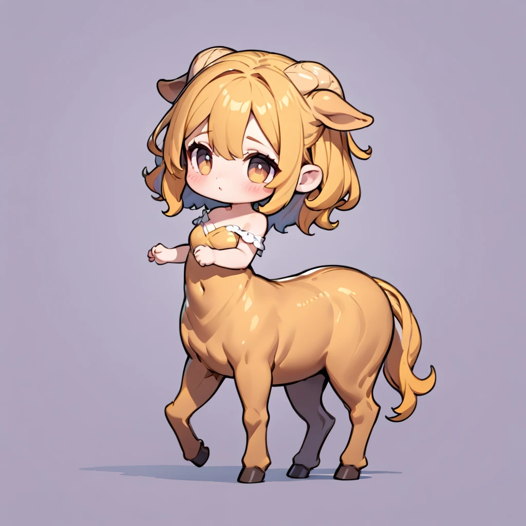 Centaur, female Centaur, Wearing a delicate off-the-shoulder dress, Chibi cute, Chibi Centaur, Mythical creatures, Cute pose, Single color background, Deformation, Highest quality:1.2, Very detailed, masterpiece:1.2.