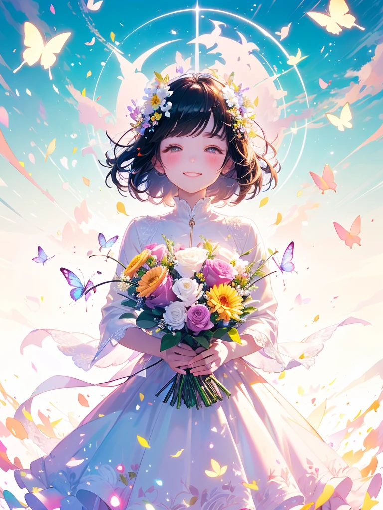 (masterpiece、Highest quality、Highest quality、Beautiful and beautiful:1.2)、(Perfect Anatomy:1.2)、Milky white straight hair girl、Butterfly Fairy、Floral costume、A radiant smile、Look up at the sky、Pray。、Flowers and leaves on head、Holding a bouquet、Rose Garden