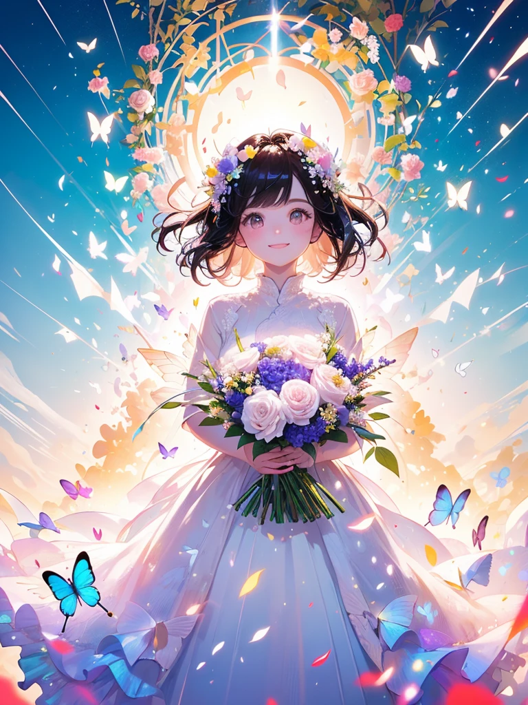 (masterpiece、Highest quality、Highest quality、Beautiful and beautiful:1.2)、(Perfect Anatomy:1.2)、Milky white straight hair girl、Butterfly Fairy、Floral costume、A radiant smile、Look up at the sky、Pray。、Flowers and leaves on head、Holding a bouquet、Rose Garden