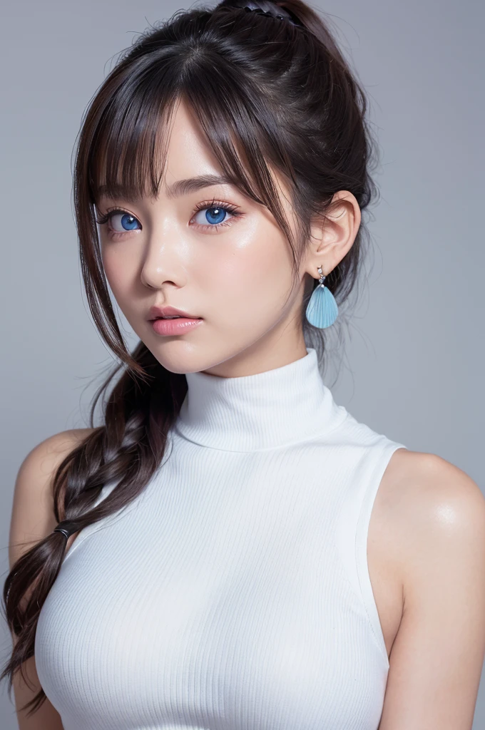 ((Highest quality)), ((masterpiece)), (High-definition photos), (upper ponytail), (Blonde), (bangs), (beautiful girl:1.3), False eyelashes, (earrings), white sleeveless turtleneck dress with a ribbed texture and a bodycon fit, (large breasts), covered nipples, (white skin), head tilt, (Blushed:1.3), (close up face:1.4), from side, (kiss the sausage:1.05), Shiny skin、wetty lips, Thin eyebrows、(Blue eyes:1.1)