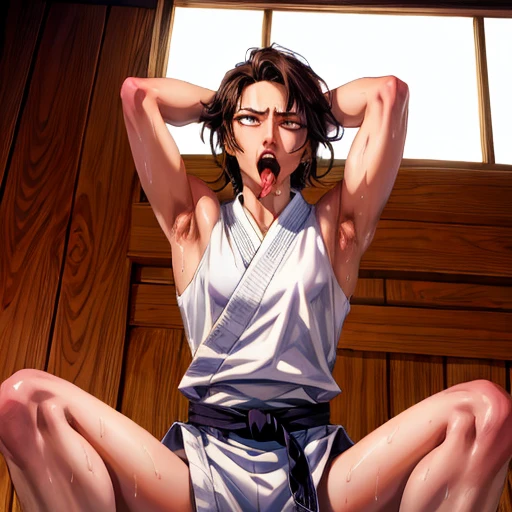 ((((masterpiece, best quality, high resolution)))), Ultra-detailed 8K, 1 female, Wearing white karate uniform, (Aheiyan),White eyes, Small Breasts,whole body, Kneel down, tired, (muscle:1.4), Japanese clothes, No underwear,No eyeballs, For the audience, Looking at the audience, tired, From below, (Exposed armpit:1.1), ((armpit:1.2)), Sexy, 出Sweat, More and more Sweat,(Aheiyan), (翻White eyes), open mouth, Sticking out tongue, saliva, Slobber,Skinny, Raise your arms, (Raise your arms above your head:1.5)(Ultra HD, Extremely detailed, Very detailed, Highly realistic, Ultra-realistic, Photo-realistic), (1 Girl:1.5), (realistic dark hair), (Dynamic poses), Facing the camera, Looking at the audience, (A slightly serious face), (Perky Breasts:1.2), (Beautiful and delicate face, Beautiful and delicate eyes), ((Worn karate uniform)), (Ready to fight), Sweat, glow, (Sunlight, Sunlight), ((Cowboy shooting)), In the training hall, Tempting, EnvyBetterHands LoCon,saliva, Slobber, White eyes, White eyes球, syncope, Sticking out tongue, 翻White eyes.