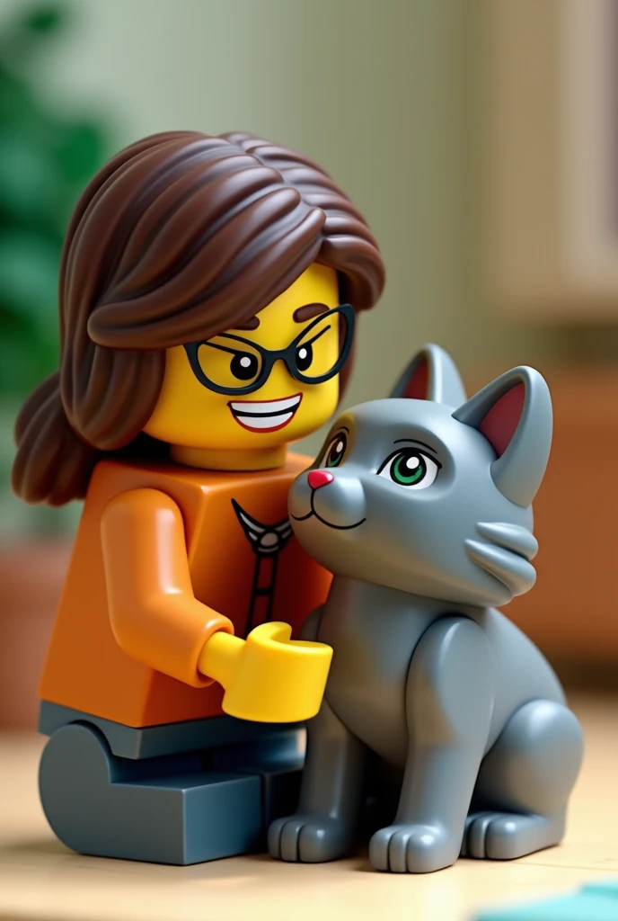 Create a lego of a young woman with dark brown hair and light bangs, Wearing glasses , smiling with a long-haired gray cat with green eyes