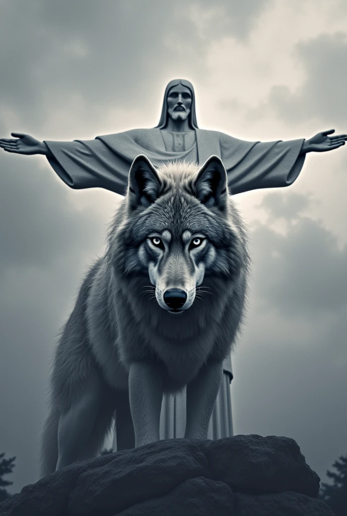 I want you to make a gray banner printed on a flag. Nesse banner cinza, I want it to have the following features or details: cor predominante cinza; A wolf as a mascot; a Christ the Redeemer with open arms in the background of this banner; A simple style; and that has been written in bold: "2°F".