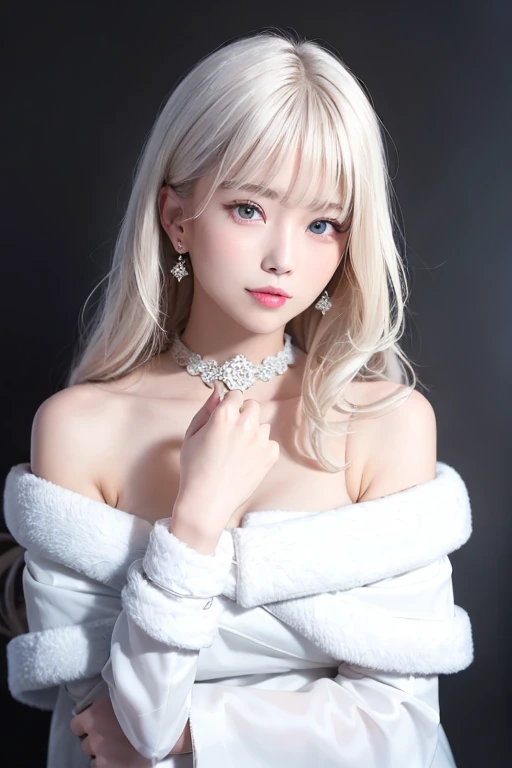 masterpiece、Highest quality、8k、Absurd、 (Upper Body:0.8)、Nude white fur coat、(milk:1.2) White-haired beautiful girl、choker、Earrings、Bangles、Cute face、Viewer's Eyes、smile、Ultra-realistic、High resolution、photograph、Film Grain、chromatic aberration、Sharp Focus、HDR、Face Light、Dynamic Lighting、Cinematic Lighting、Professional Shadows、Simple Background、(Dull background:1.4)、Most detailed、Very detailed、Ultra-detailed、Detailed explanation、Real Skin、Delicate facial features、Detailed face and eyes、Sharp pupils、Realistic pupils