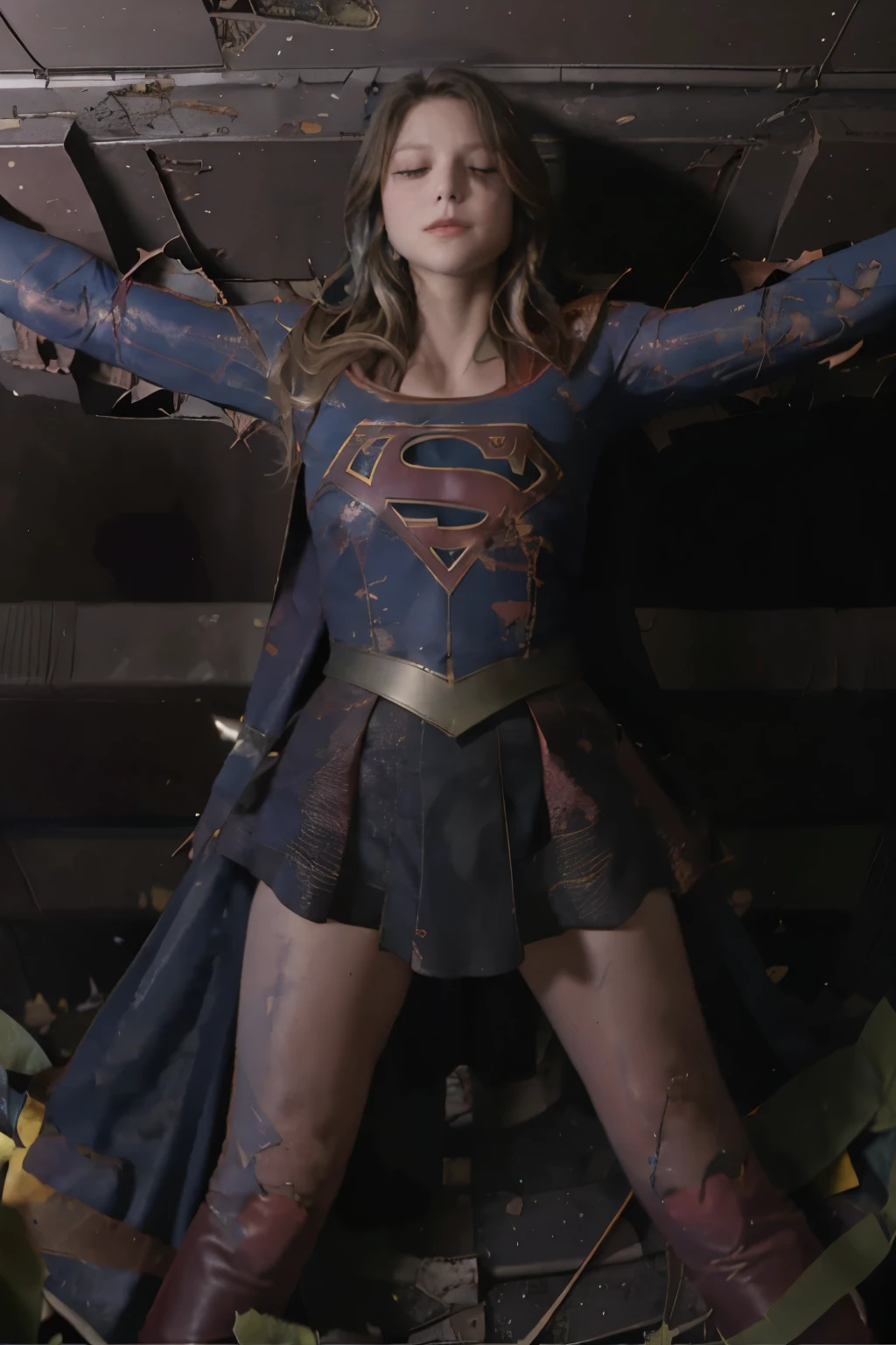 Supergirl, Melissa Benoist as supergirl, laying on her back on the ground, crucifixion, unconscious, eyes close, wound from fighting, (tattered:1.6) laying down on your back, lie down, lying dead, wound, (shoot from below:1.6), ((whole body visible)), ((full body shoot)),