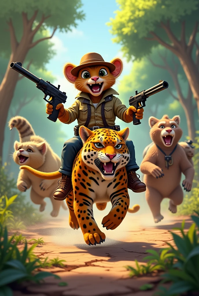 Make a picture of a marmoset with a gun riding a jaguar killing a fox,a bat,a goat and an eagle as if it were a Pixar movie