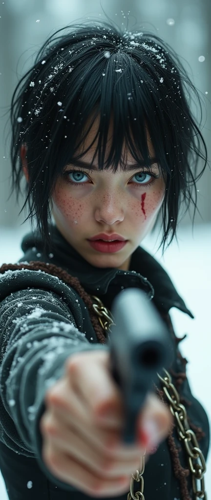 a beautiful white woman with black hair, western, Youngh, 20 year, short buzzcut style hair, (breasts big:2.0), she has a thin face, she has straight bangs down to her eyebrows, wavy and messy hair, she's pointing a gun at me, His eyes are teary, hunter's look, (sobbing:2.0), (tears:2.0), pale skin with visible veins, there are knife cuts on her skin, she has a piercing gaze with her sky blue eyes, she has thin lips and a wide mouth, she has freckles, long thin nose, the eyebrow is furrowed, thin eyebrow, your left eye is narrow, she wears old rags and a thick chain wrapped around her neck, prison chain, her makeup is smudged, real image like a mirror, life like, uhd, hyper detailled, motion and depth blur, olhos hyper detailleds, It's snowing a lot, hair wet, wet face, falling snowflakes, particle blur near the camera, lensflare, she has bruised lips with red stain, her nose and cheek are red, reddish eyes, ela usa um short jeans, one of his hands holds a playing card and shows me