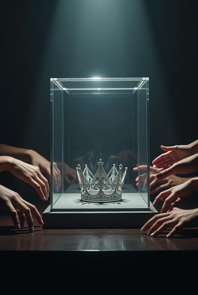 (bookcover), large silver wedding crown, Wedding crown in a glass box on the table, There is a large stage space under the glass box wedding crown, dark background, Many hands from the right and left sides want to grab the wedding crown, perfect hands.
