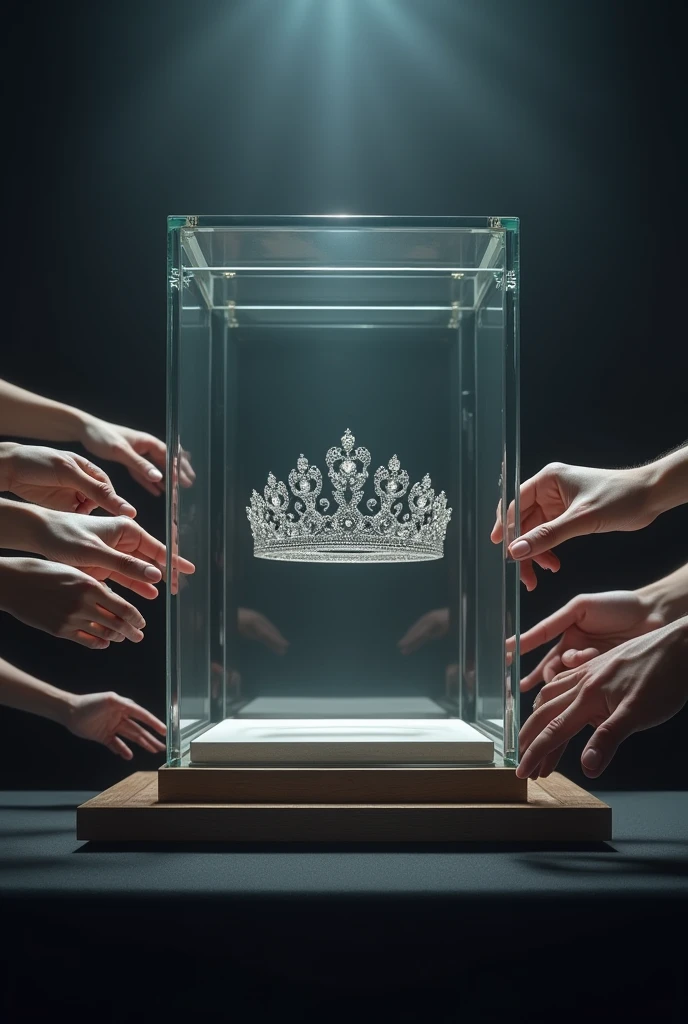 (bookcover), large silver wedding crown, Wedding crown in a glass box on the table, There is a large stage space under the glass box wedding crown, dark background, Many hands from the right and left sides want to grab the wedding crown, perfect hands.