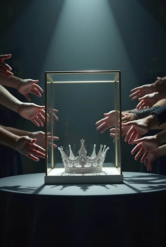 (bookcover), large silver wedding crown, Wedding crown in a glass box on the table, There is a large stage space under the glass box wedding crown, dark background, Many hands from the right and left sides want to grab the wedding crown, perfect hands.
