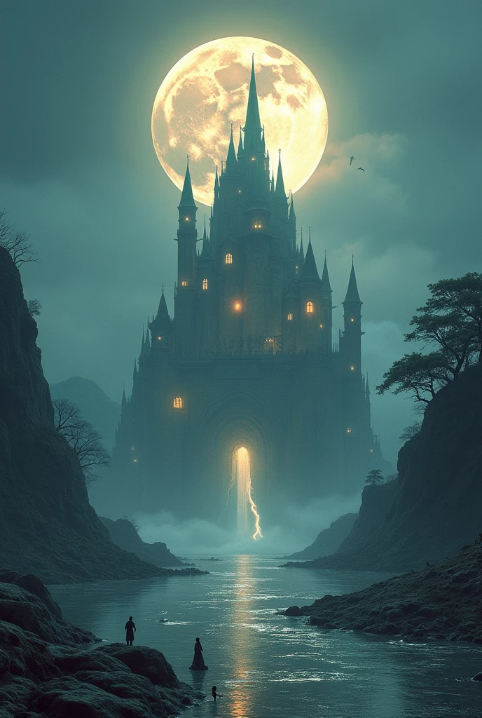 Extremely big Heaven Palace in a big area made of   meat and in front of this palace a flying horse besides it . And a full moon is giving light small angels are walking around . And in front of this palace a river of fresh water is flowing . And  this palace is on fresh water where it's shadow is clear 