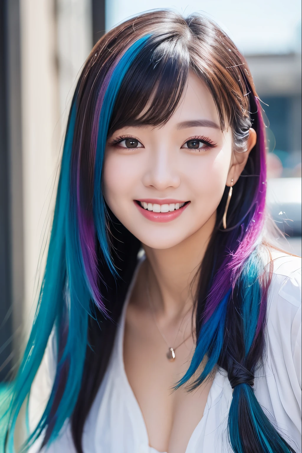 high quality, real、High resolution, Realistic、8k、masterpiece, detailed.impressive, Cutting-edge female photography portraits、Cafe、lunch time、Happy expression、smile、Looking at the camera、cyan, and purple, Her vibrant makeup really catches the eye.. Her colorful hair is tied up high、Various hair colors