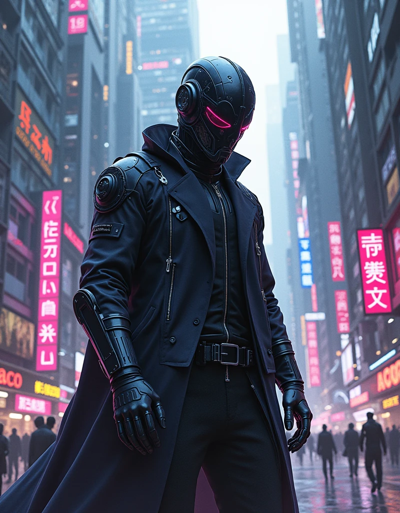 create an illustration of a citizen of capital city in the cyberpunk age