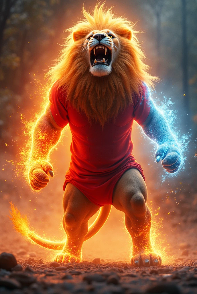 Lion in red hero costume Lion breathing fire from its mouth
One hand is burning and another hand in ice and its tail on fite and teeth is burn on fire and hair is burning