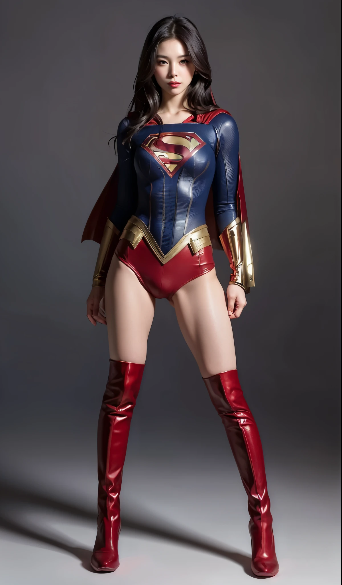 Make the most of the original image、Supergirl Costume、lustrous dark hair、Suffering、Feet must necessarily be worn with black tights、Smile、You need to wear red boots、Top image quality、8K、top-quality、8K、​masterpiece:1.3、Crisp focus:1.2、Beautiful woman with perfect body shape:1.4、Slender Abs:1.2、layers-Cut、large boob:1.2、a wet body:1.5、Highly detailed facial and skin texture,