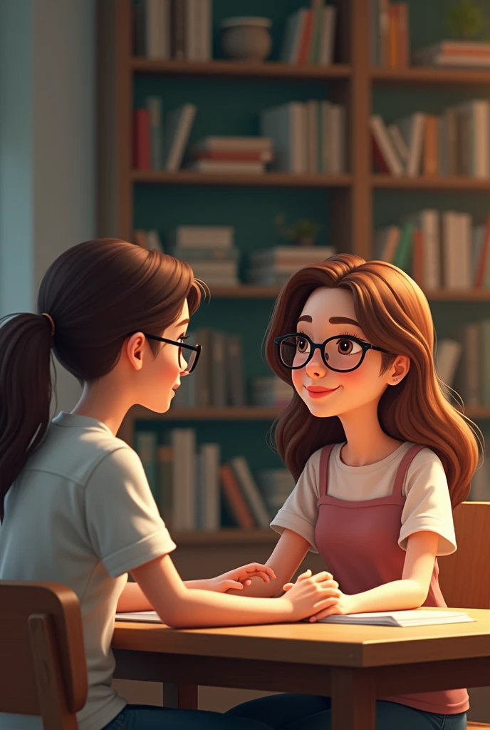 A 30-year-old fair-skinned female teacher is sitting and talking with a fair-skinned teenage girl wearing glasses.
