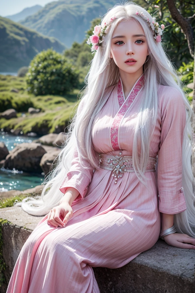 A beautiful girl with long white hair, bright pink eyes, wearing traditional clothing, sitting in a wuthering waves style landscape, detailed facial features, detailed clothing, extremely detailed and realistic, masterpiece, 4k, ultra-detailed, photorealistic, vibrant colors, dramatic lighting, intricate details, elegant and serene