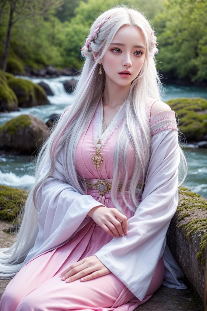 A beautiful girl with long white hair, bright pink eyes, wearing traditional clothing, sitting in a wuthering waves style landscape, detailed facial features, detailed clothing, extremely detailed and realistic, masterpiece, 4k, ultra-detailed, photorealistic, vibrant colors, dramatic lighting, intricate details, elegant and serene