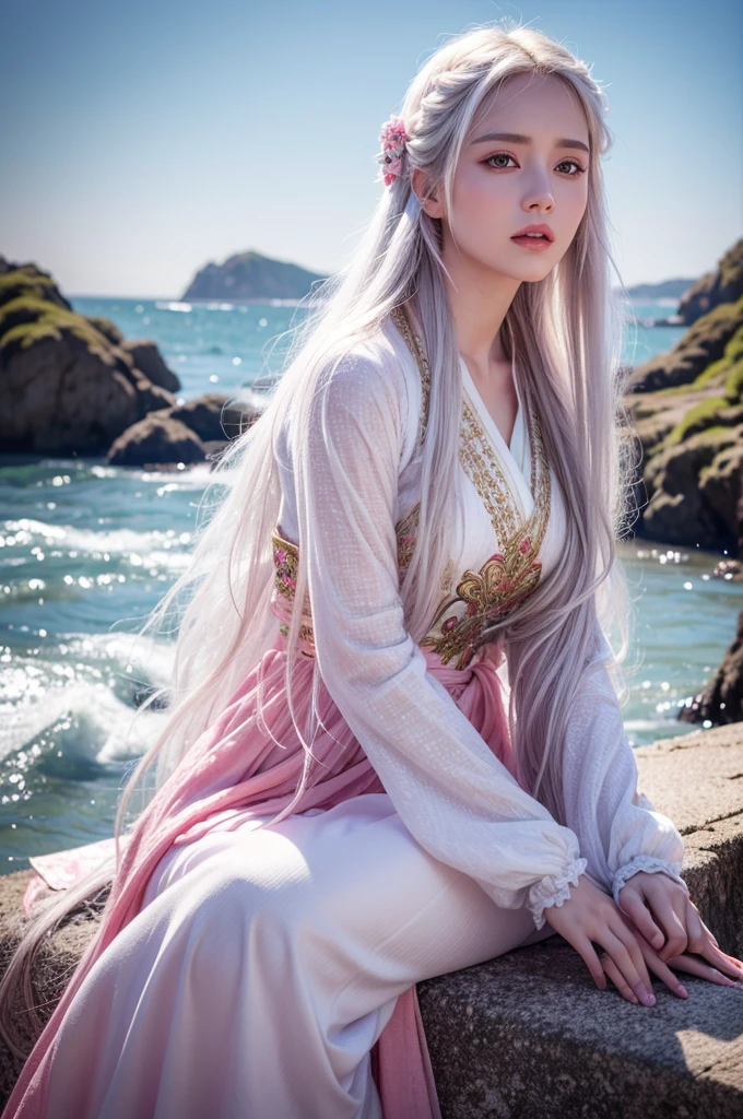 A beautiful girl with long white hair, bright pink eyes, wearing traditional clothing, sitting in a wuthering waves style landscape, detailed facial features, detailed clothing, extremely detailed and realistic, masterpiece, 4k, ultra-detailed, photorealistic, vibrant colors, dramatic lighting, intricate details, elegant and serene