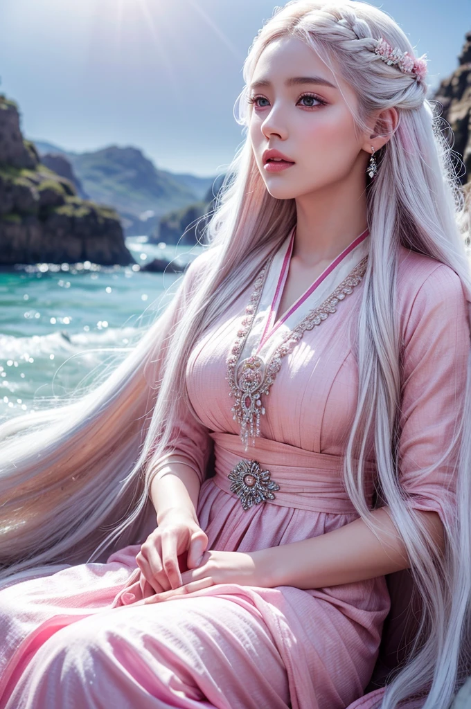 A beautiful girl with long white hair, bright pink eyes, wearing traditional clothing, sitting in a wuthering waves style landscape, detailed facial features, detailed clothing, extremely detailed and realistic, masterpiece, 4k, ultra-detailed, photorealistic, vibrant colors, dramatic lighting, intricate details, elegant and serene