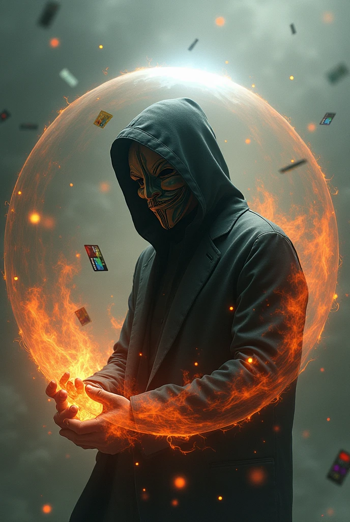 person with anonymous mask, inside a floating bubble, with fire and credit cards in the background of the image 