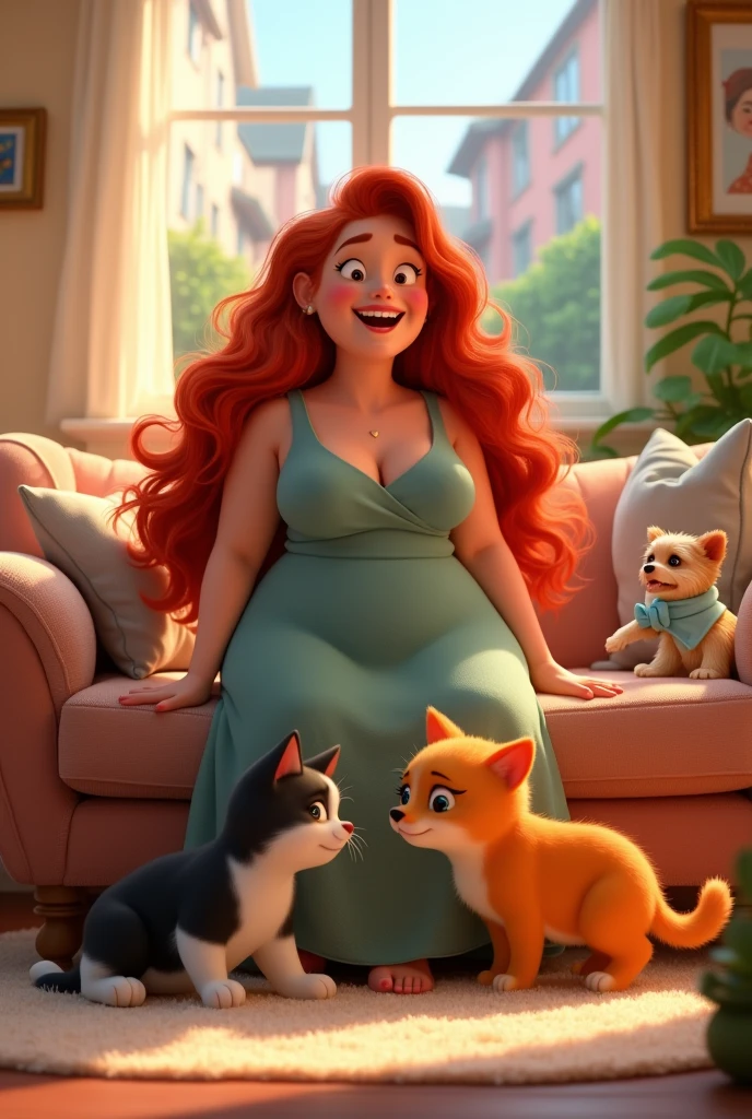 Create an animated pixar photo of a red-haired woman with big hips, chubby and a little chubby, with a small black and white cat and another orange and white cat and a Yorkie dog, everyone happy