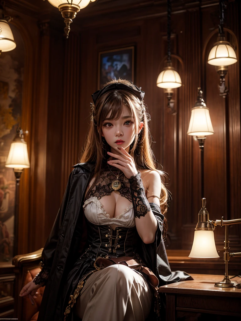 Steampunk Girl, Relax in a room lit by light bulbs, Eye contact with viewers, Shot at wide angle."