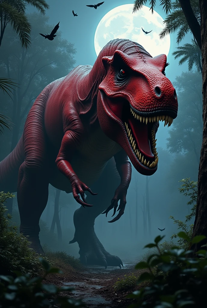 frightful Tiranossauro Rex vermelho com listras negra na floresta africana de noite. Bats flying. Terror. frightful. fear.