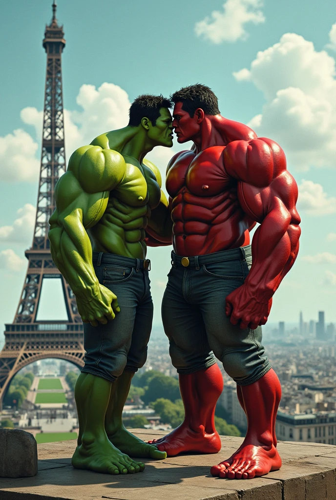 Naked Green Hulk with red hulk with a big dick on the top of eiffel tower, medium length picture