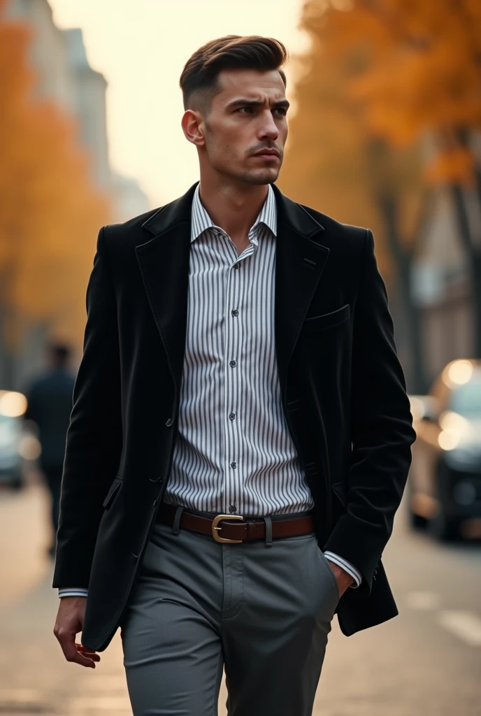 фото full length идущего по городу русского мужчины, Medium height, 35 years, black hair, Sports figure, broad shoulders, a neat stylish hairstyle, wide cheekbones, black velvet jacket, formal jacket, white shirt with dark stripes, stylish shirt, Vertical striped shirt, Gray trousers, black shoes, business suit, Unbuttoned collar, warm autumn, Early autumn, Sunny weather, walking through the city, looks ahead, Stylish look, thoughtful look, full length, free pose, dynamic pose, solar lighting, daylight, black hair, blunt bangs, Serious, expressionless, atmospheric perspective, bokeh, f/1.8, 85mm, Nikon, depth of field, uhd, masterpiece, accurate, anatomically correct, textured skin, super detail, high details, high quality, highres, 4K