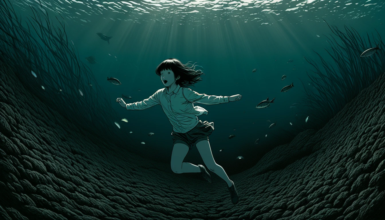 An illustration、art、Horror, Supervised by Junji Ito、Attention to detail, Realistic shadows、Analog Style, chromatic aberration, Surrealism、seabed、World of Darkness