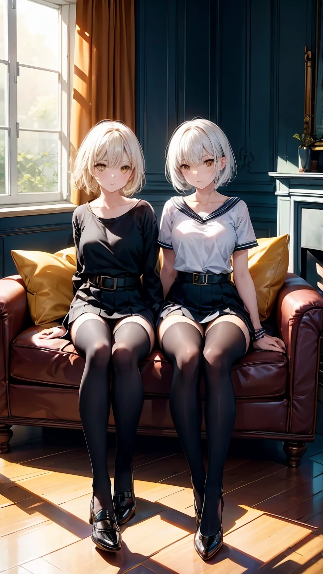 "Two young women with short white hair and intense yellow eyes. They are wearing schoolgirl tops and black with belts.. They both wear thigh-high stockings., accentuating your toned legs. Twin sisters are in the living room of a modern house, with expressions that combine mystery and a certain coldness. They are sitting side by side on a brown leather sofa., with a confident and intimidating posture, as soft sunlight streams in through the large window behind them, illuminating their elegant silhouettes."