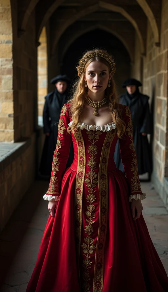 Catherine Howard, dressed in a vibrant red gown with golden embroidery of the Tudor era, walks down a dimly lit, stone corridor of Hampton Court Palace, her expression anxious as she approaches her tragic fate, with shadowy figures of guards visible in the background; a medium shot focusing on her fearful yet determined face, hyper-realistic, photo realism, cinematography. The camera lens size is 200mm, aperture setting f/4.5, and ISO 1600, with the medium being color photography.