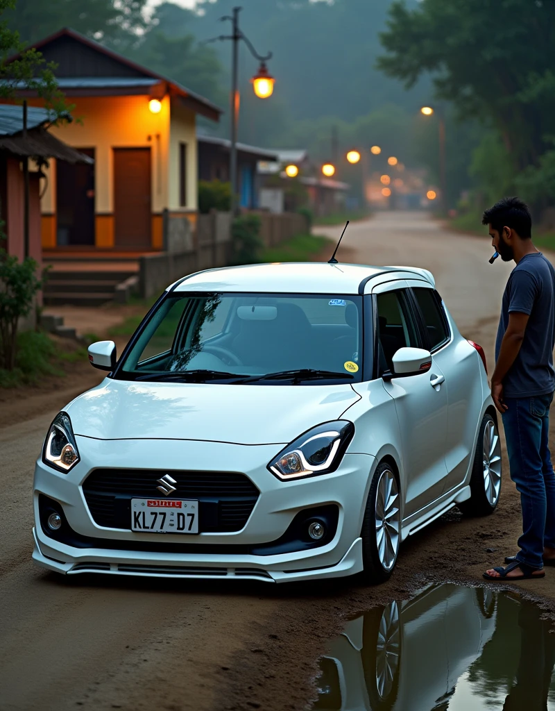 a maruthi suzuki swift white colour modified alloy lower body. the car number plate is KL 77 D 7and a man smoking in road side in village road a warm street light and a mudd road evening and sunrise a pond in road side a small village tea shop