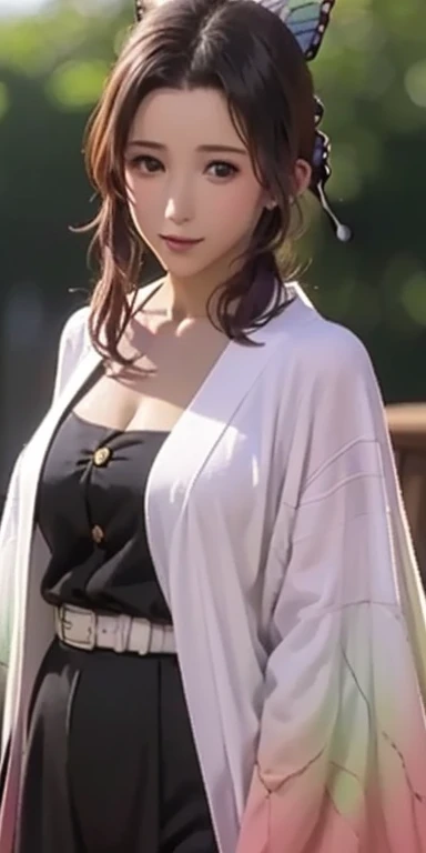 Ultra-realistic 8K CG,masterpiece,((Highly detailed background, Delicate pattern, Intricate details)),Highest quality,very detailed face,Very fine grain and face,Very fine grain,kochou shinobu,Multicolored Hair,Hair Intake,Purple eyes,amount,Black Shirt,Black trousers,Haori,butterfly,button,belt,(garden:1.2),Purple Flower,Little,cloudy null,sunlight,Tidal effect,Slope_null,face,Gorgeous null,West Saber,Attractive posture,