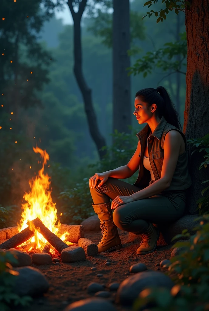 Sunny leon in traditional hunting attire, sitting by a campfire with a rugged jungle backdrop. Include elements such as dense trees, a night sky, and the glow of the fire to create a sense of adventure.