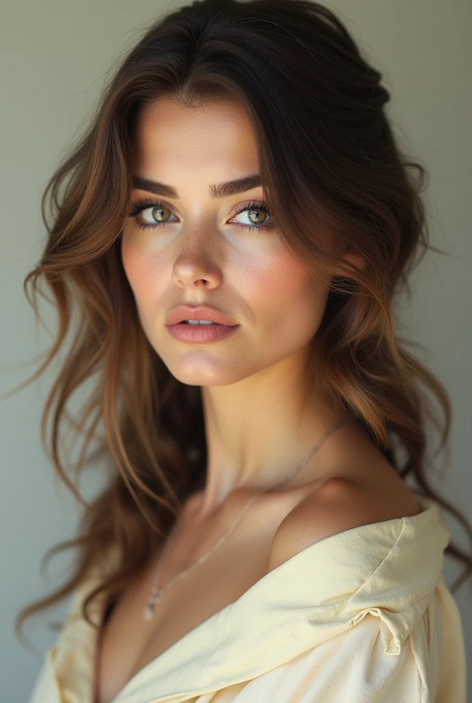 Woman, oval face shape, almond black eyes,  straight eyebrow, straight nose, heart shaped lips, light brown wavy hairs,  wearing cream manteau 