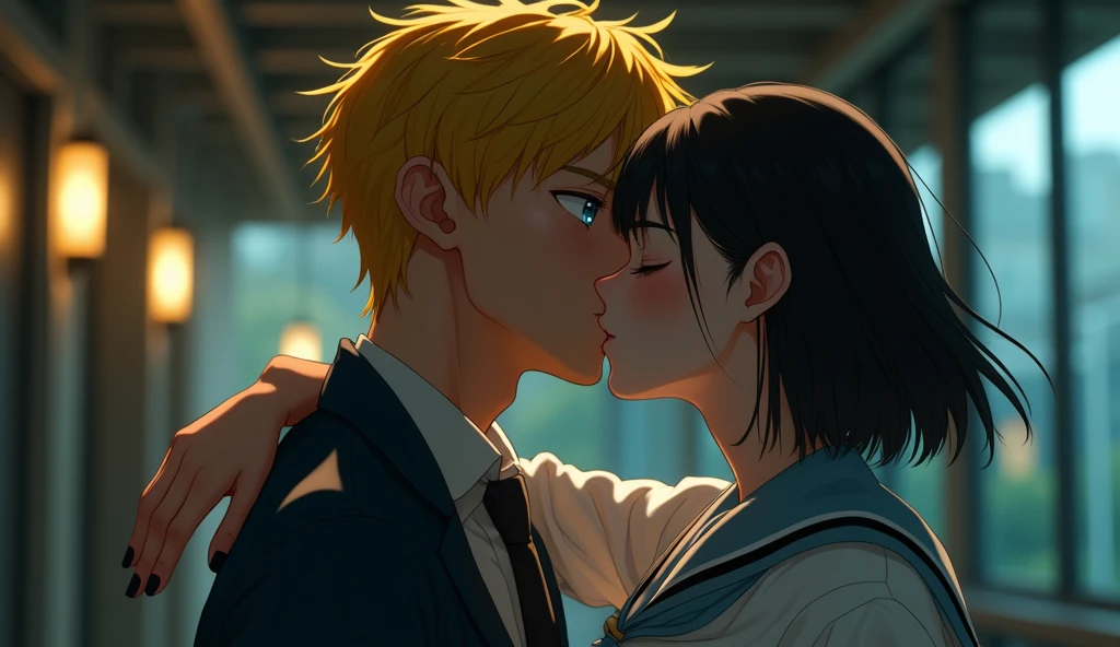 (32K:1.9, Realistic:1.9, Highest quality, masterpiece, Ultra-high resolution), Perfect dynamic composition:1.3, Highly detailed skin and facial textures:1.3, Cute sexy slim Japanese schoolgirl, (Slimman, Height about 180cm), (They both close their eyes, A man carries a woman in his arms and kisses her:1.3), Fair skin, ((Clarity:1.1)), (The guy has a great uniform:1.3, Bright yellow hair, beautiful目:1.3), (The woman is wearing a uniform with a light blue tie..:1.3, Straight black hair.:1.3, smile:0.9, A man completely charms a woman:0.9, beautiful Blue Eyes, beautiful, Clear Eyes:0.8), Sexy Face:0.4, blush:1.1, (beautifulエロティシズムを醸し出す雰囲気:0.8), Professional random camera work, Cinematic Lighting Effects, (Full Body Shot), (Too erotic), romantic, mysterious, Object of admiration, original, dramatic, artistic, Innovative, charm, Heartful, Fancy, Tilt, sense of loss, special, exciting, Extreme, sense of openness, joy, joyの表現, ((若さのcharm, 女性的なcharm))