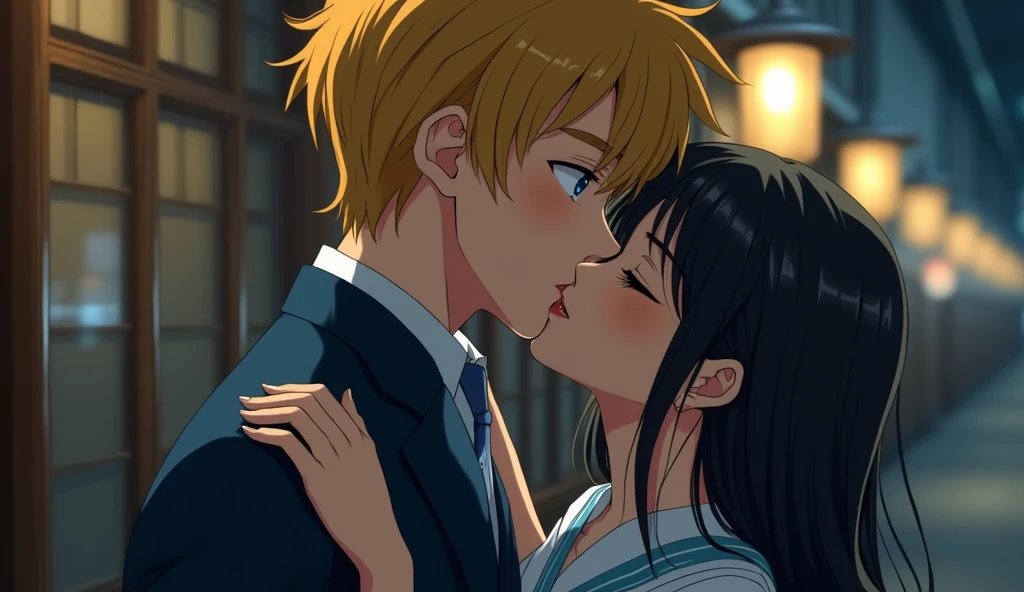 (32K:1.9, Realistic:1.9, Highest quality, masterpiece, Ultra-high resolution), Perfect dynamic composition:1.3, Highly detailed skin and facial textures:1.3, Cute sexy slim Japanese schoolgirl, (Slimman, Height about 180cm), (They both close their eyes, A man carries a woman in his arms and kisses her:1.3), Fair skin, ((Clarity:1.1)), (The guy has a great uniform:1.3, Bright yellow hair, beautiful目:1.3), (The woman is wearing a uniform with a light blue tie..:1.3, Straight black hair.:1.3, smile:0.9, A man completely charms a woman:0.9, beautiful Blue Eyes, beautiful, Clear Eyes:0.8), Sexy Face:0.4, blush:1.1, (beautifulエロティシズムを醸し出す雰囲気:0.8), Professional random camera work, Cinematic Lighting Effects, (Full Body Shot), (Too erotic), romantic, mysterious, Object of admiration, original, dramatic, artistic, Innovative, charm, Heartful, Fancy, Tilt, sense of loss, special, exciting, Extreme, sense of openness, joy, joyの表現, ((若さのcharm, 女性的なcharm))