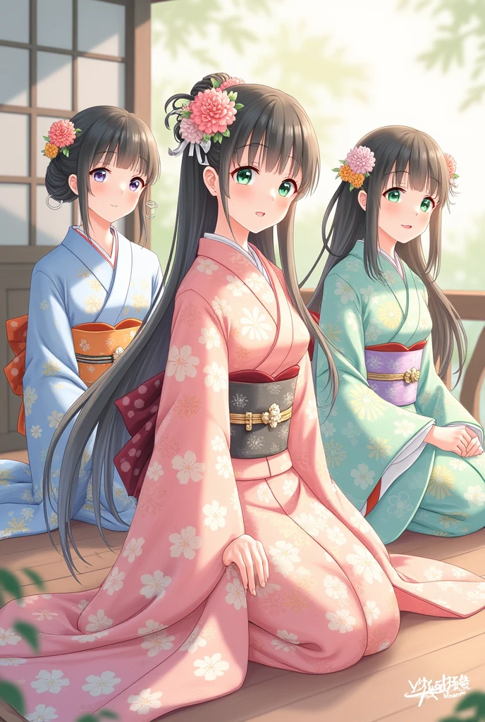 Kimono Girls、Demure、Lady、moderate、Kimono Beauty、Anime-style expressive faces